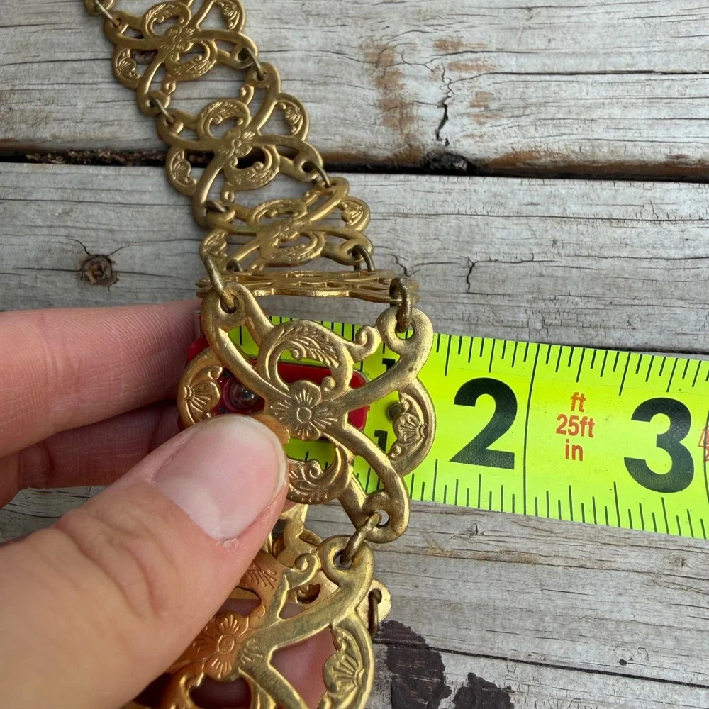 Vintage Filigree Metal Chain Belt Womens Gold Tone Ornate Urn Buckle 35.5 Inch